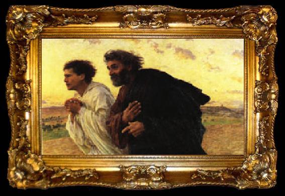 framed  Eugene Burnand The Disciples Peter and John Rushing to the Sepulcher the Morning of the Resurrection, ta009-2